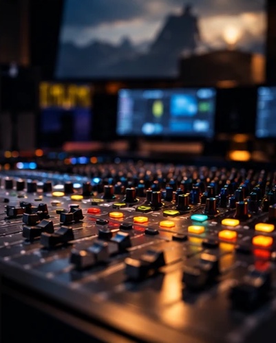 Mixing console in front of the projection screen