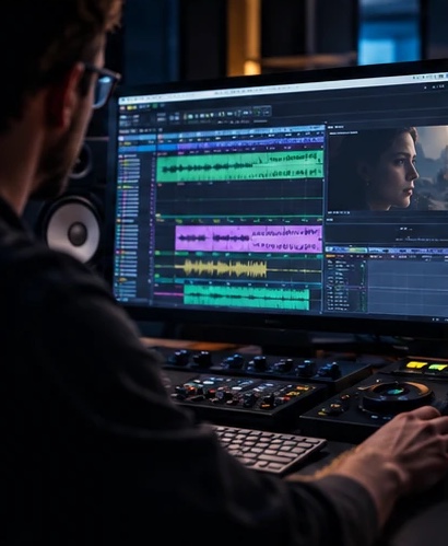 Editor working on dialogue tracks with the picture on screen